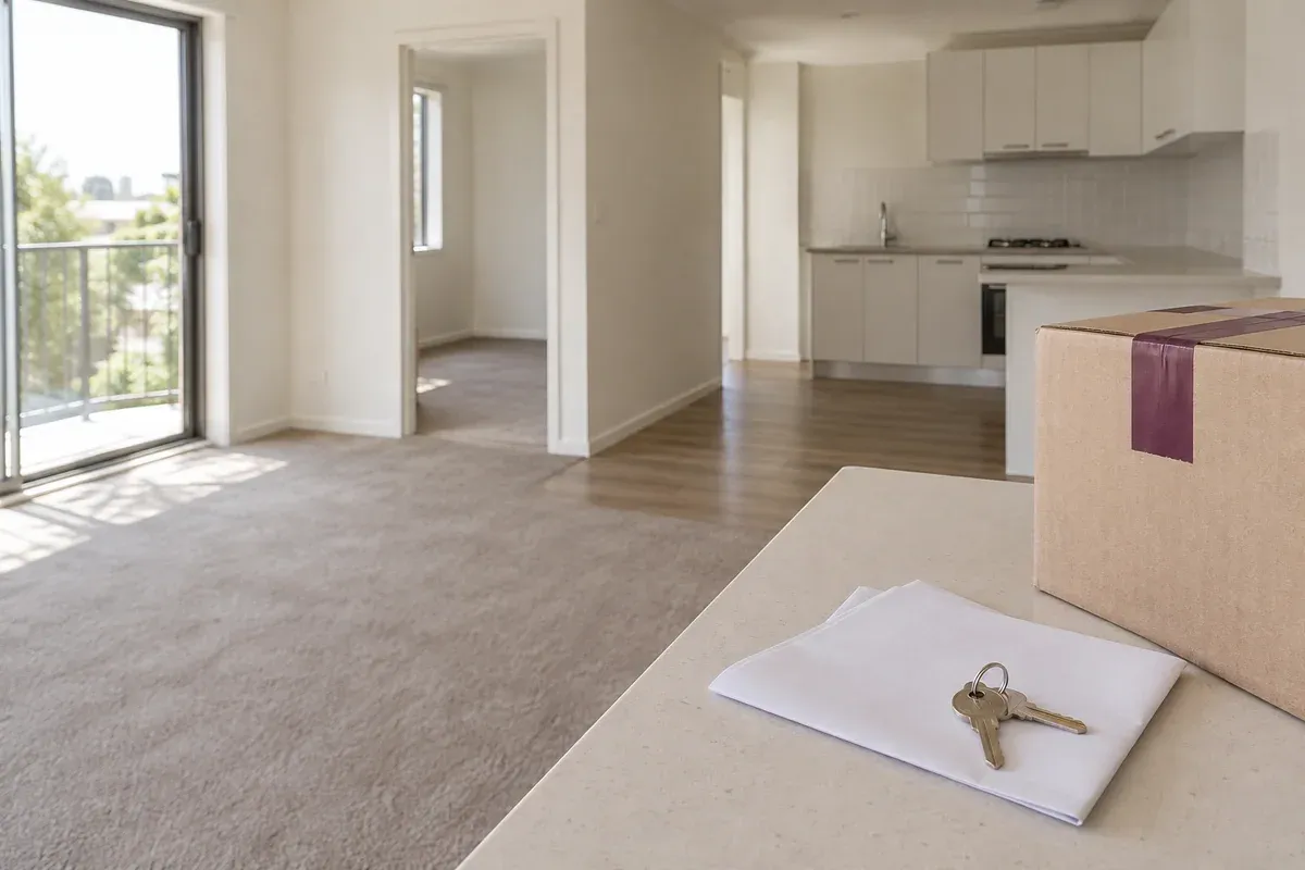 Keys and a moving box in a modest empty unit.