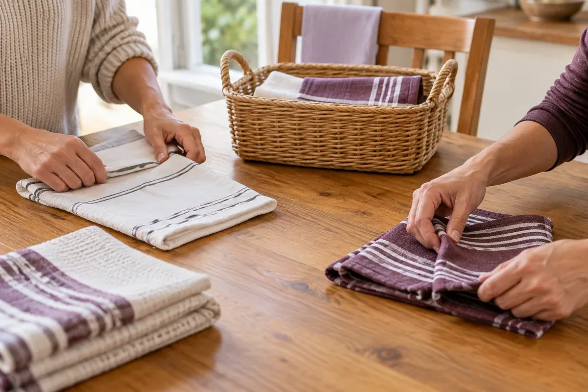 Two people folding household towels together at a table.