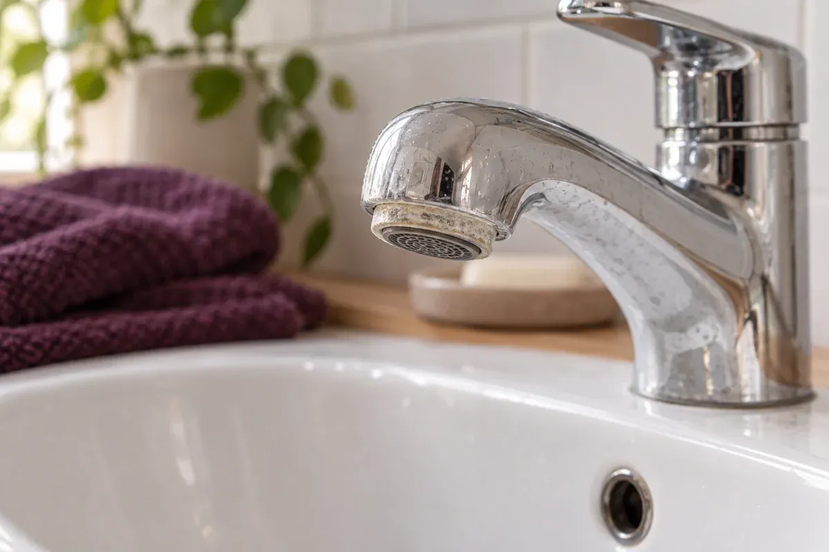 A close view of a bathroom tap with a light mineral deposit around its spout.