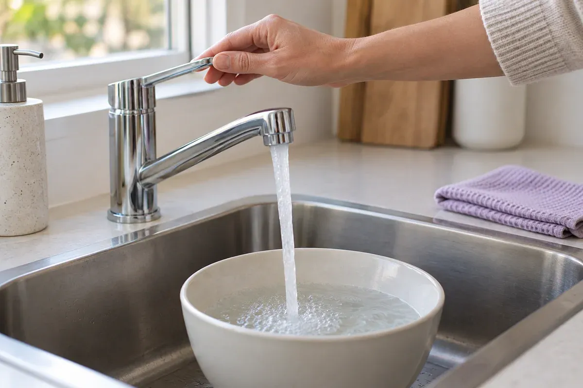 A hand adjusting a kitchen tap above a bowl of water.