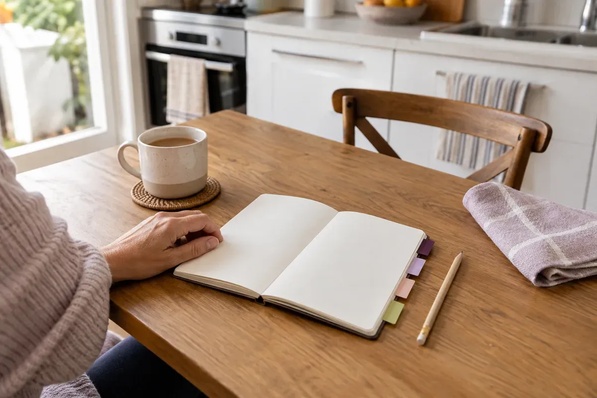 An open notebook with coloured tabs and a pencil beside a folded cleaning cloth.