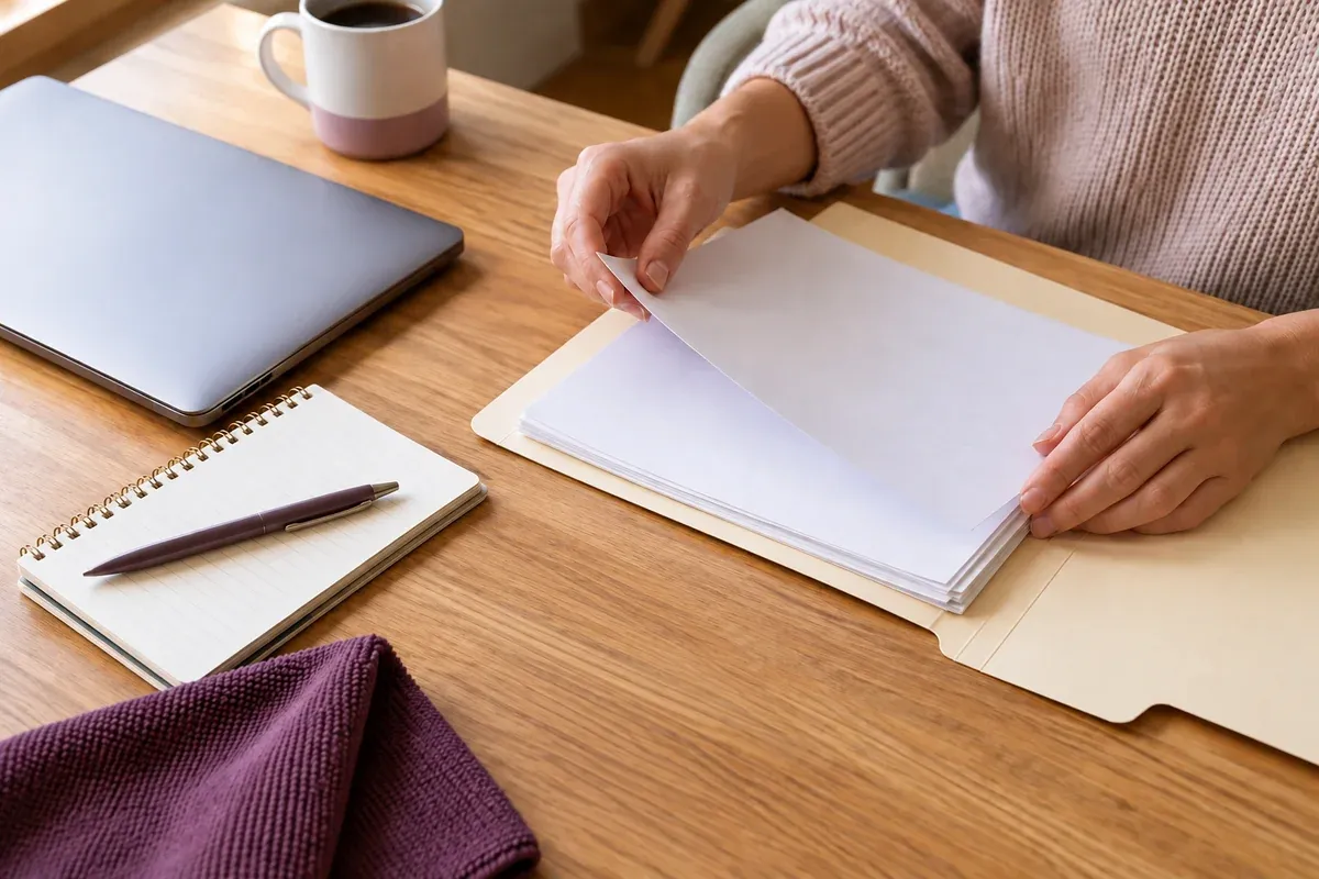 Hands sorting unprinted papers on a home-office desk.