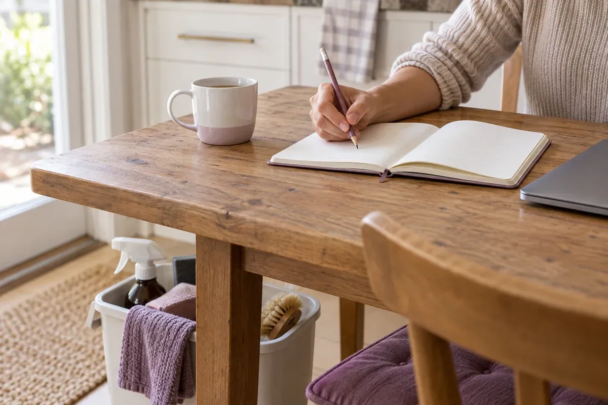 A notebook and work laptop on a table, with a cleaning caddy tucked nearby.