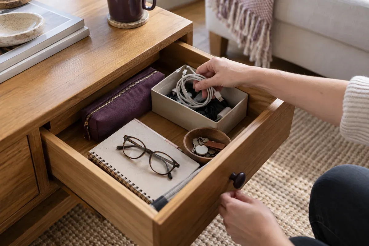 A hand sorting a small drawer, with a box beside it for items to pass on.