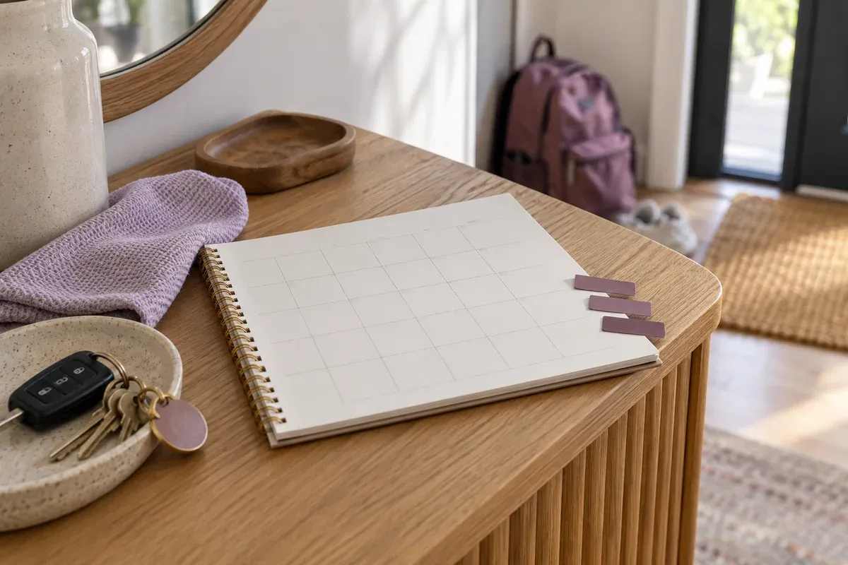 An undated planner and house keys on a hallway console.