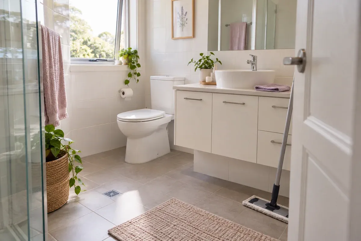 A modest bathroom prepared for cleaning, with a clear vanity and a mop near the doorway.