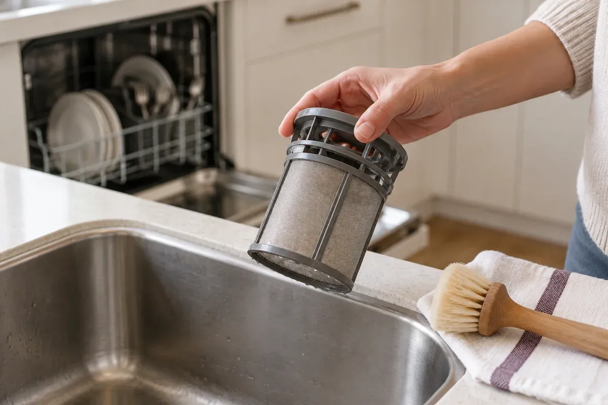 A dishwasher mesh filter held over the kitchen sink.