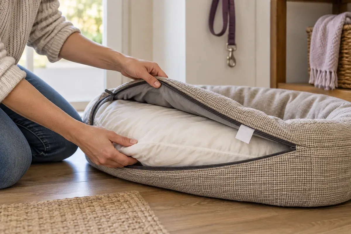 Hands opening the removable cover of a fabric dog bed.