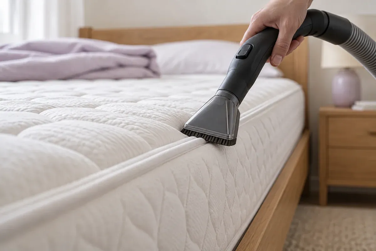An upholstery vacuum attachment following the seam of a bare mattress.