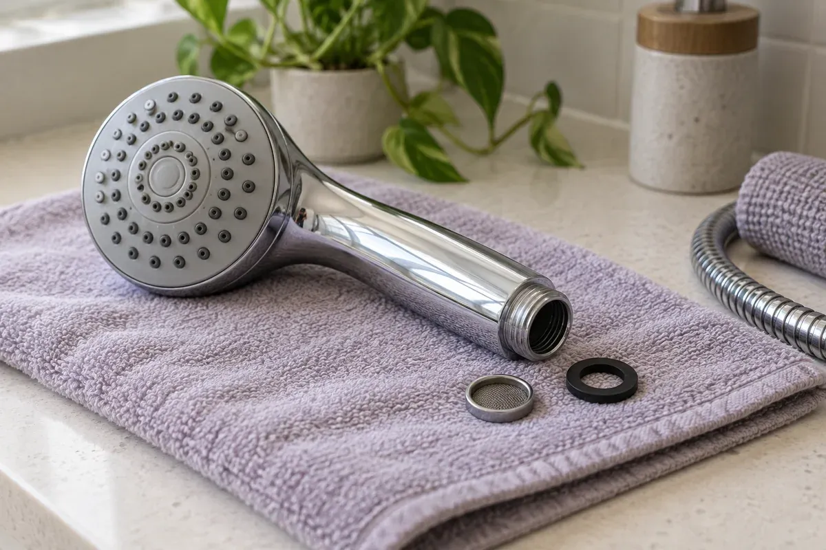 A shower head, small mesh inlet filter and rubber washer arranged on a towel.