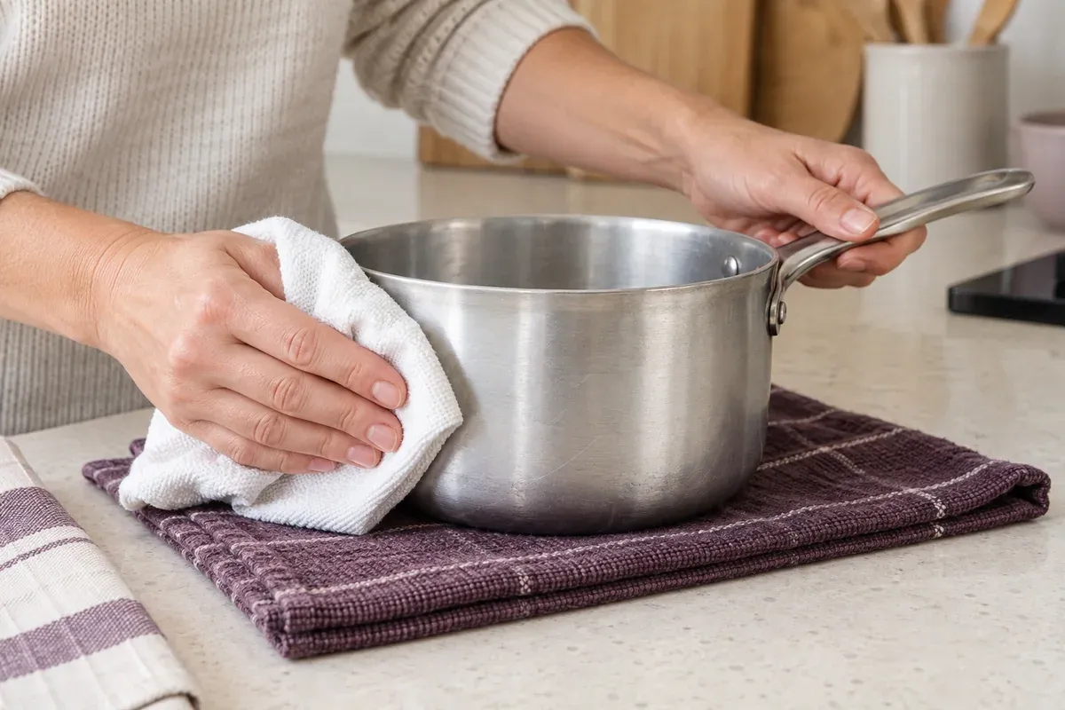 An aluminium saucepan being dried with a soft cloth.