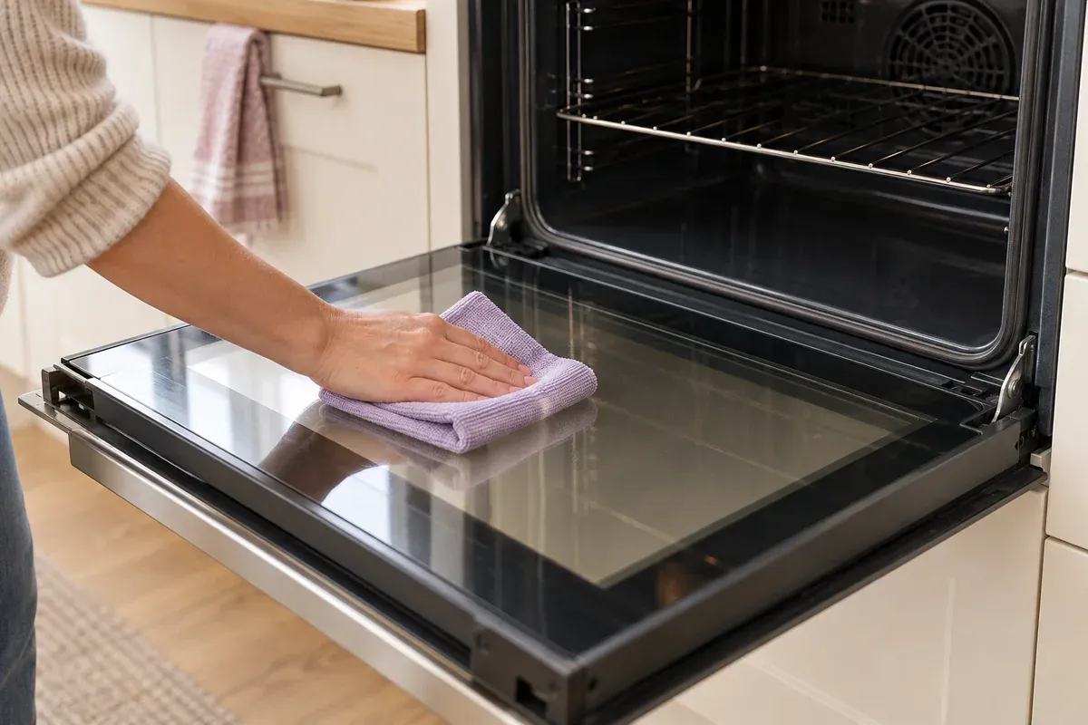 A cloth wiping the glass of a cool, open oven door.