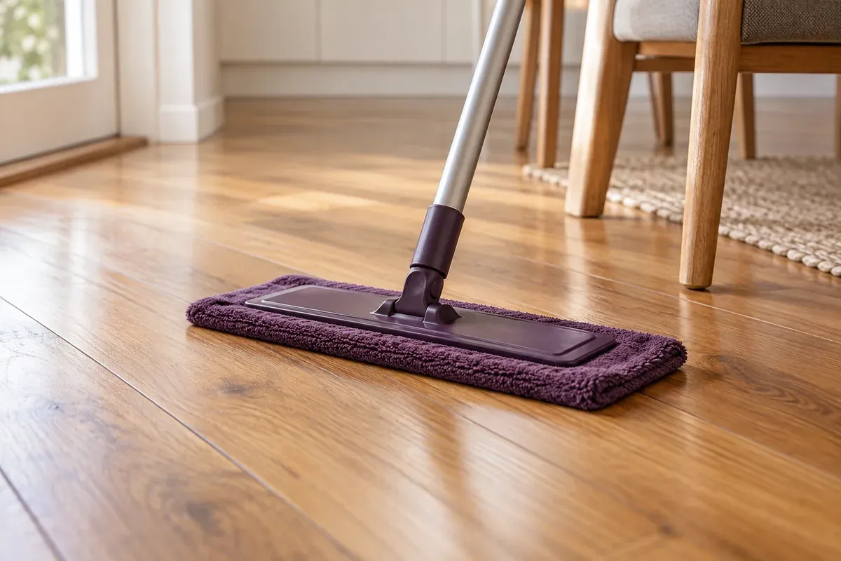 A flat microfibre mop resting against timber floorboards.