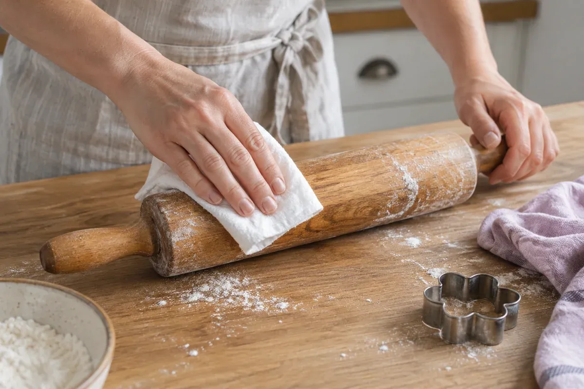 A wooden rolling pin being wiped after baking.
