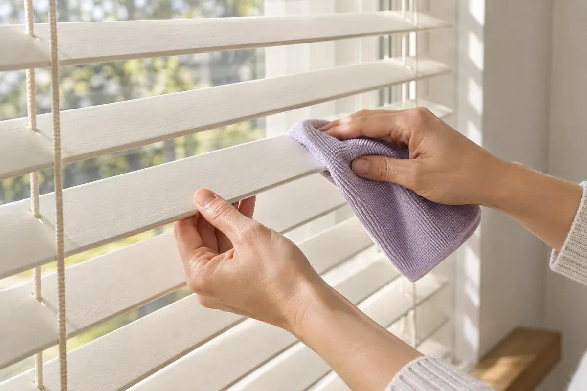 A timber blind slat being gently dusted with a dry cloth.