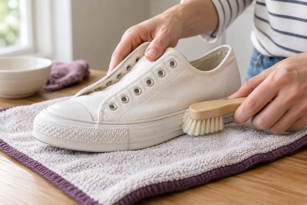 A soft brush cleaning the seam of an unlaced canvas shoe.