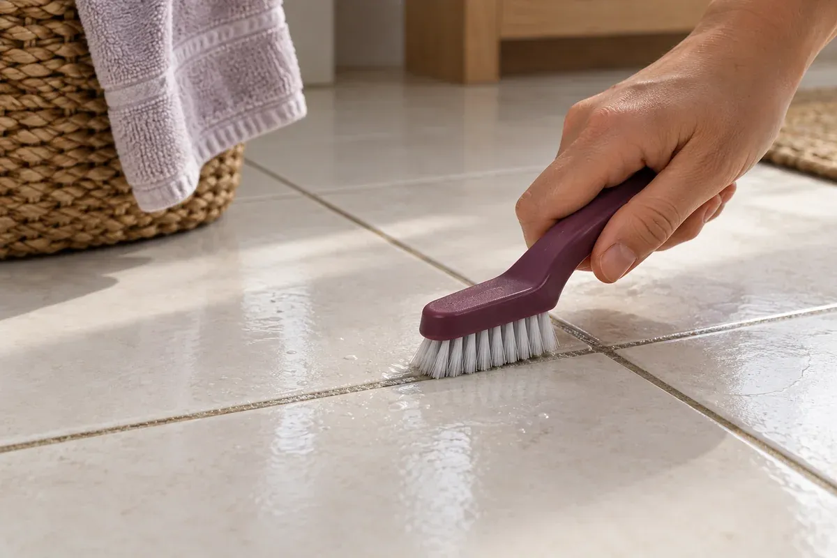 A narrow brush contacting the grout joint between ceramic tiles.