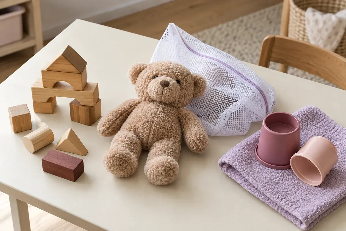 Wooden, fabric and plastic toys set apart for different cleaning needs.