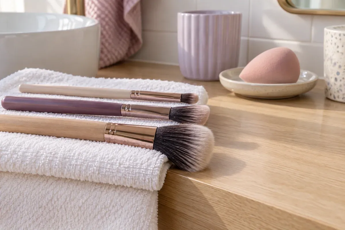 Makeup brushes drying flat on a towel, with a beauty sponge resting separately.