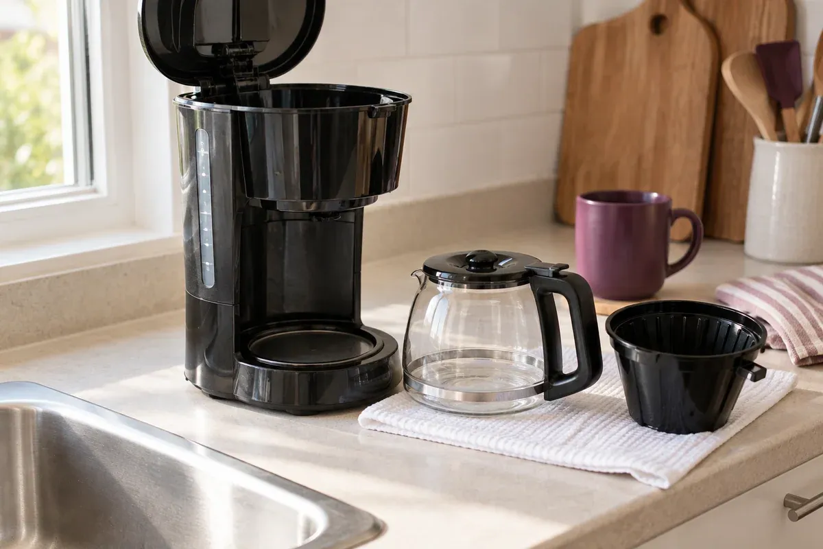 A drip coffee maker with its carafe and removable basket set out to dry.