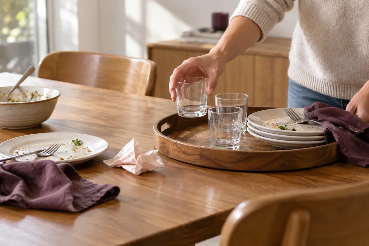 A hand collecting a few glasses and plates after a gathering.
