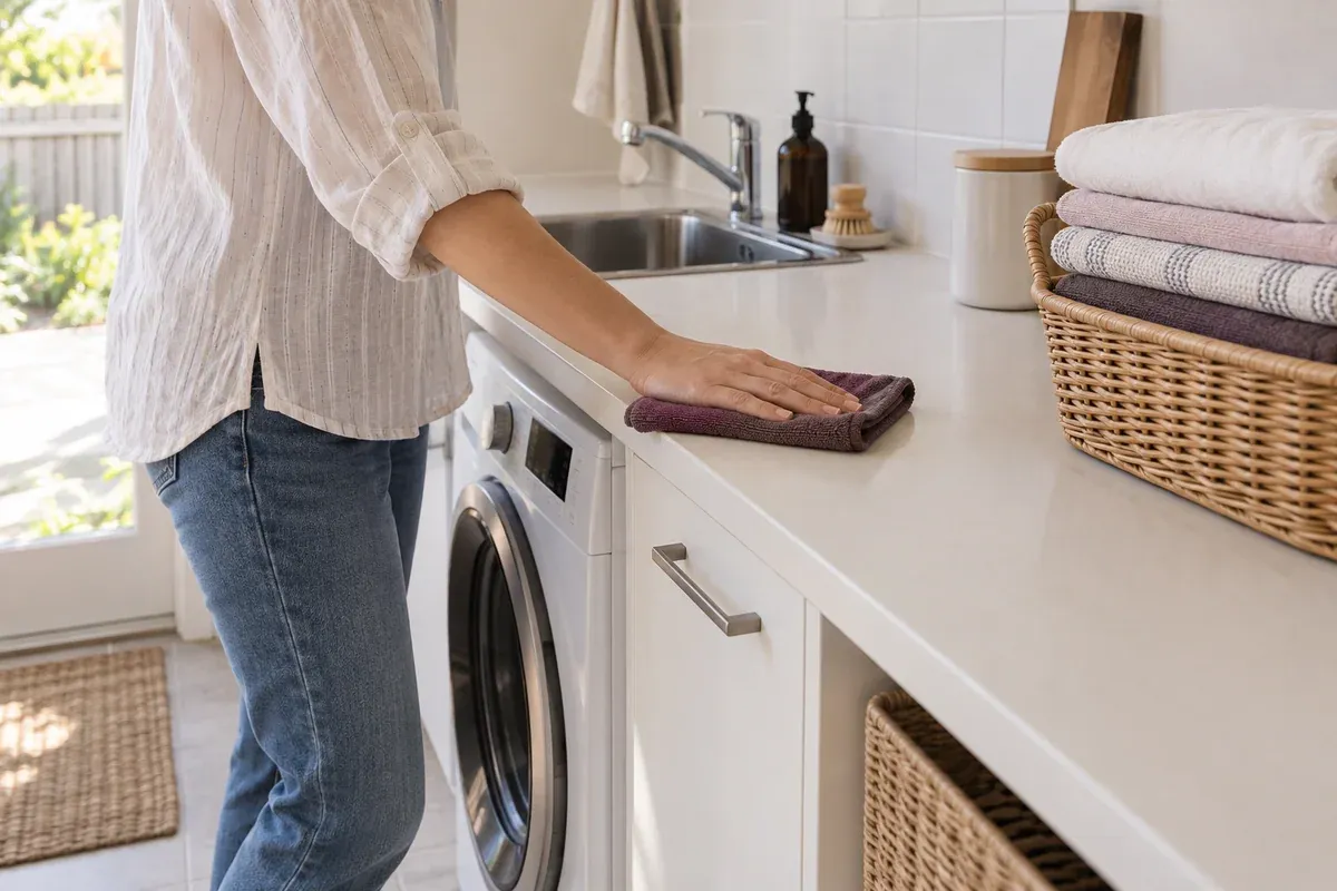A laundry bench being wiped beside a utility sink and washing machine.