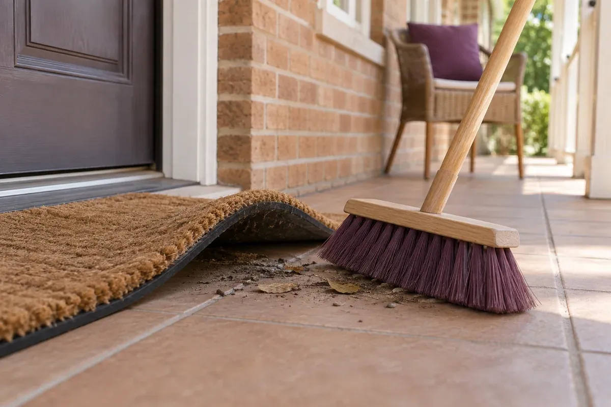 A broom sweeping dry tiles on a covered verandah.