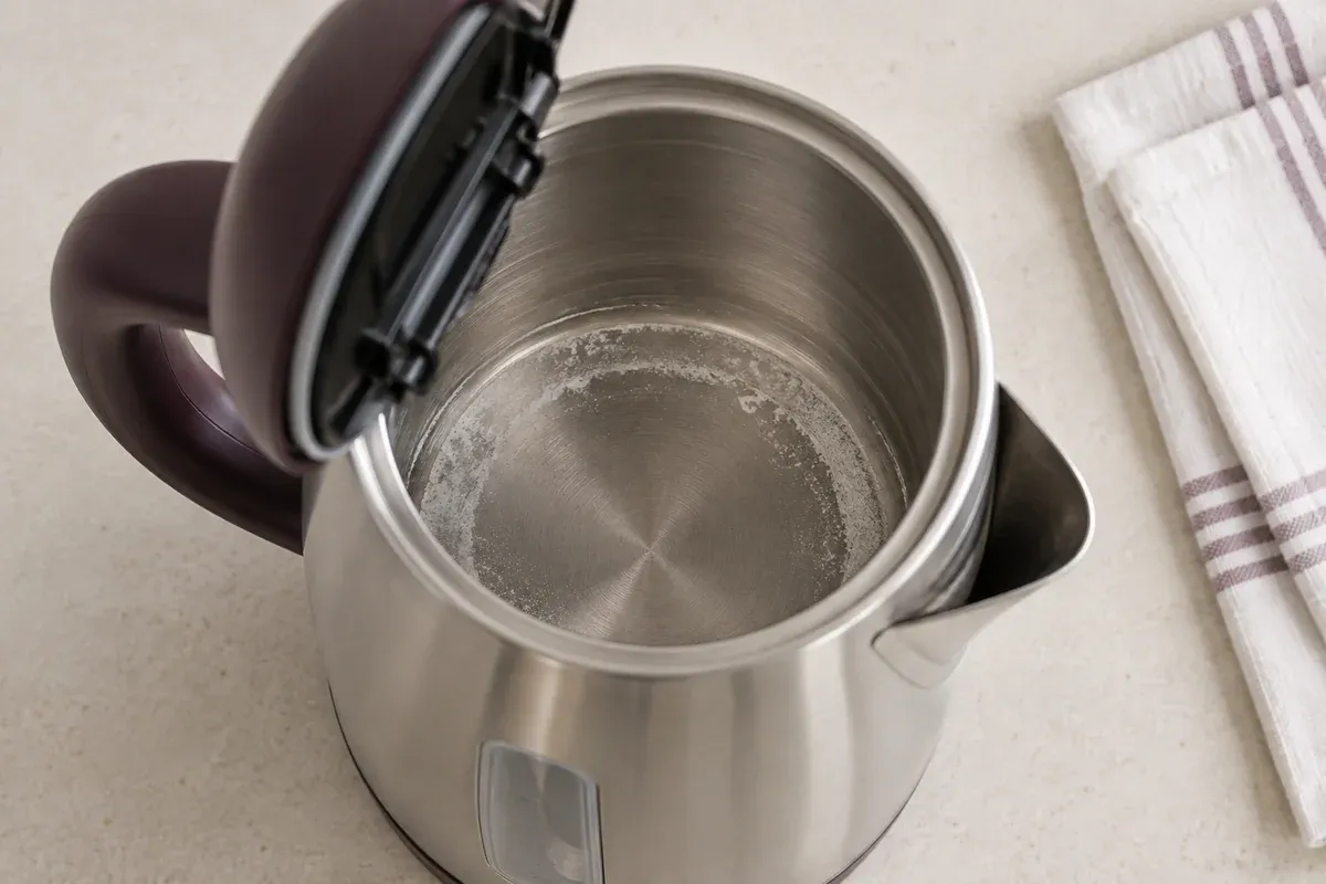 The inside of an empty kettle with a light limescale ring.
