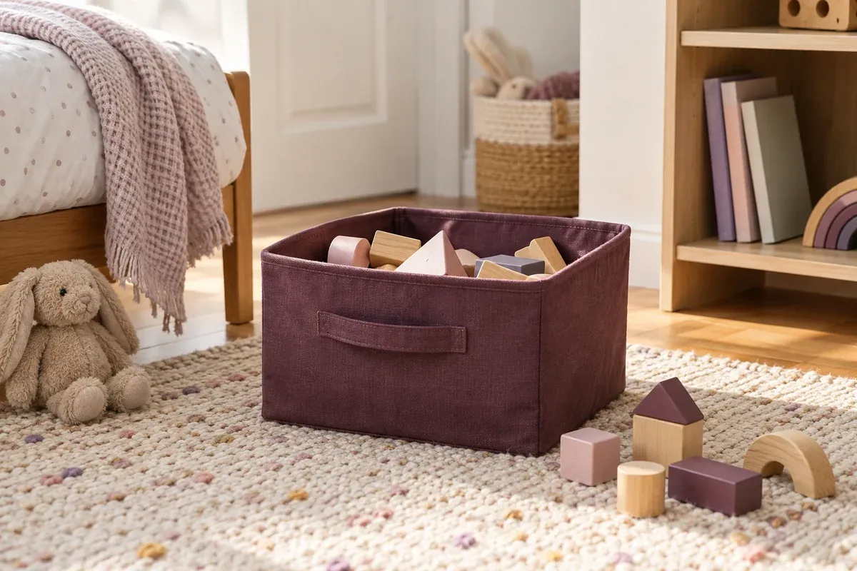 A low storage bin and reachable bookshelf in a child's room.