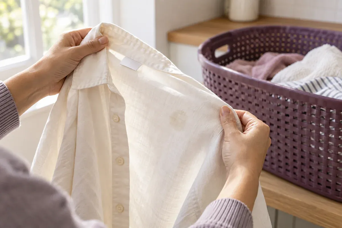 A cotton shirt held to the light to inspect a small oil mark.