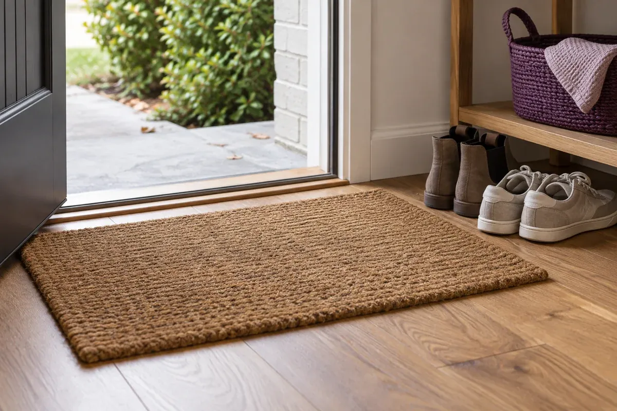 Shoes set beside a doormat at a home's entrance.