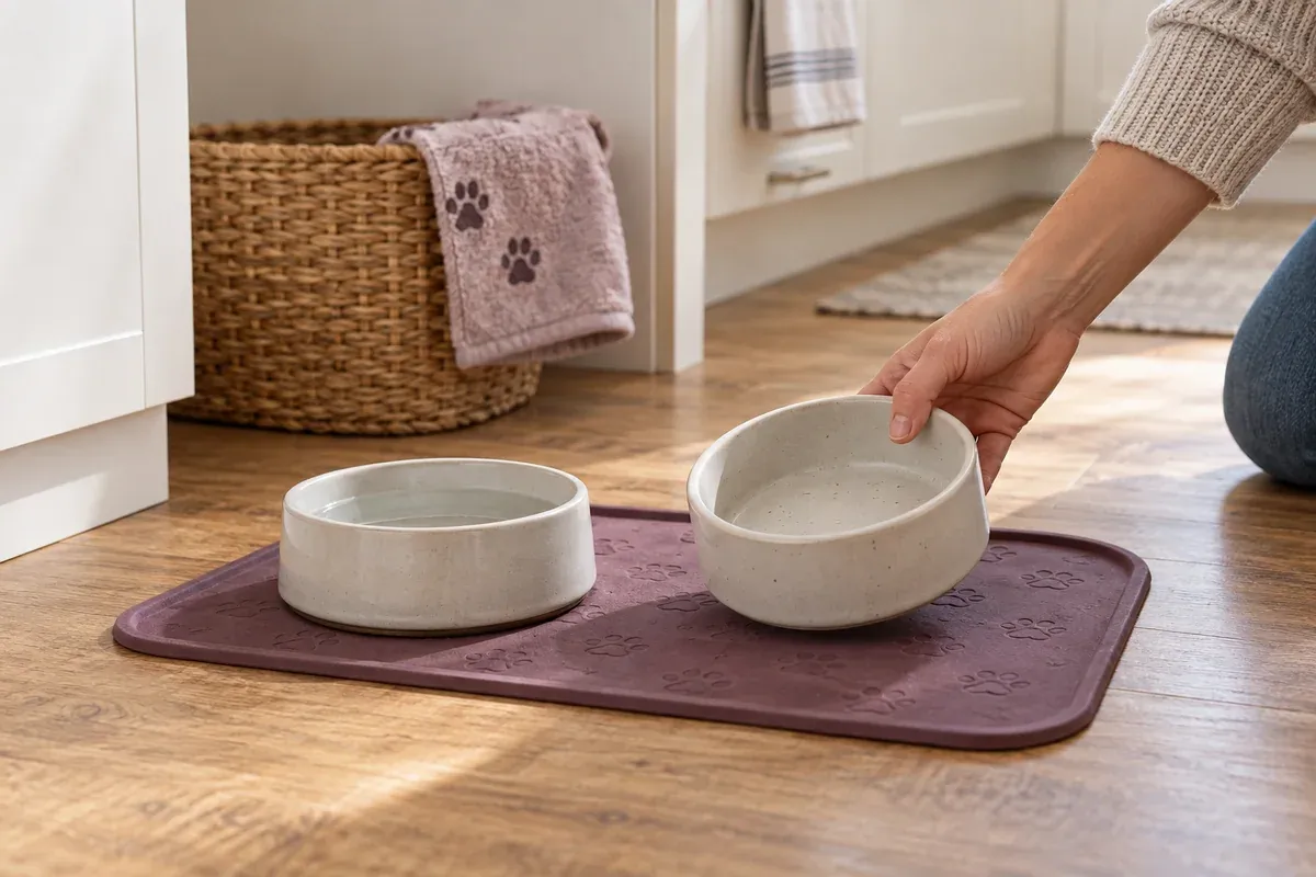 A pet feeding area with bowls on a washable mat.