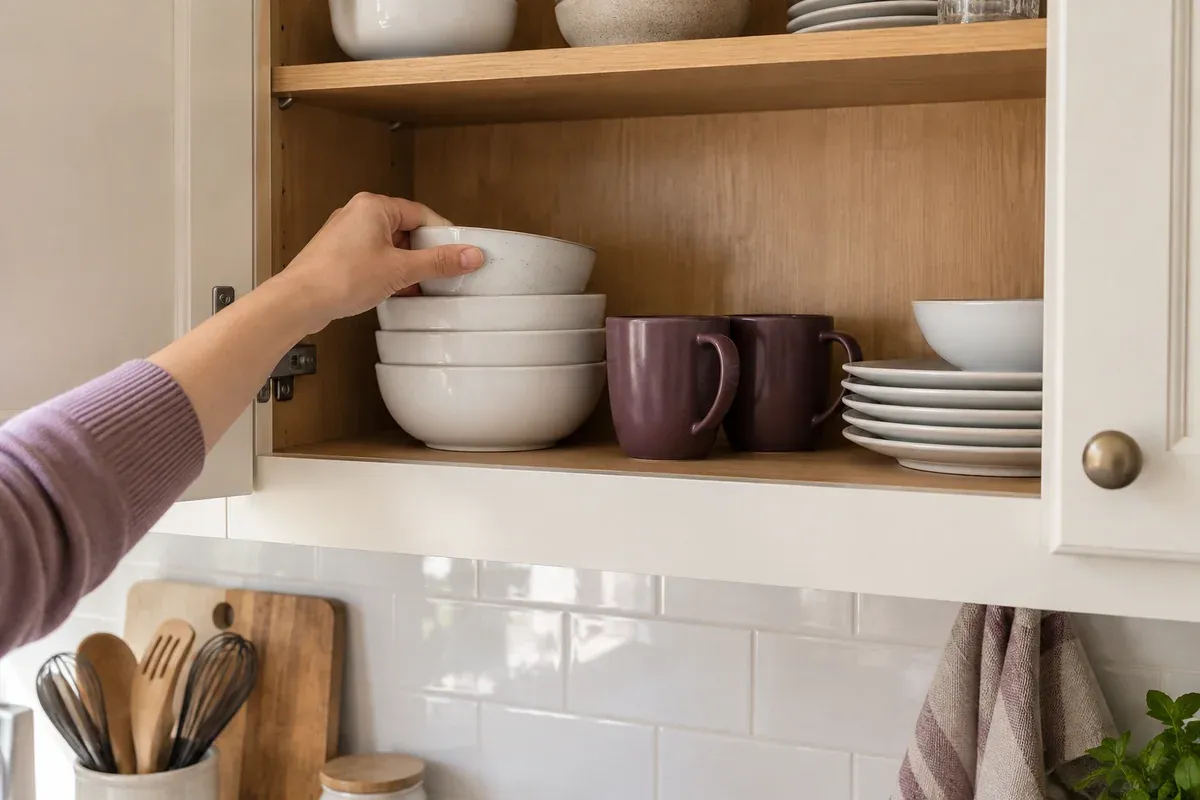 A hand returning a bowl to an organised kitchen cupboard.