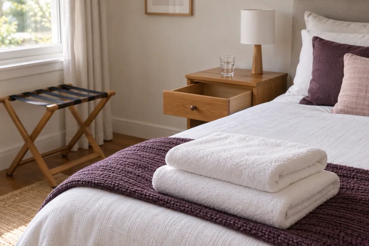 Fresh towels and space for belongings in a simply prepared guest bedroom.
