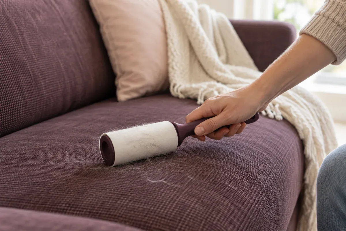 A lint roller collecting a few pet hairs from a sofa cushion.