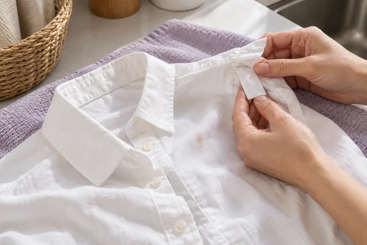 A hand checking the care tag of a shirt before treating a stain.