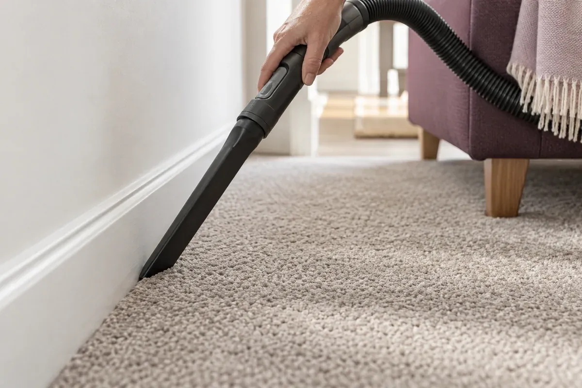 A vacuum crevice attachment following the edge of a carpet.