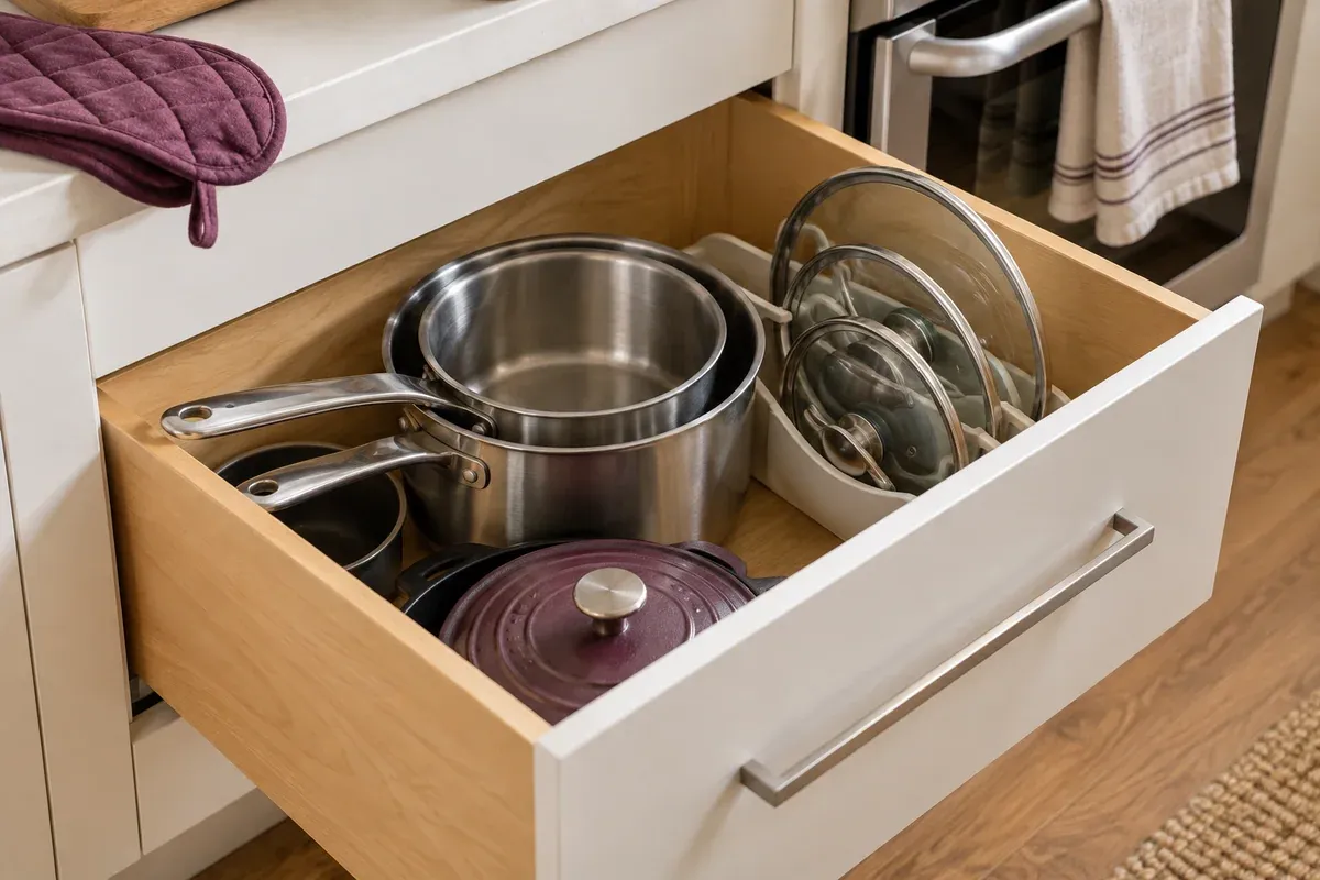 Pots and lids stored accessibly in a lower kitchen drawer.