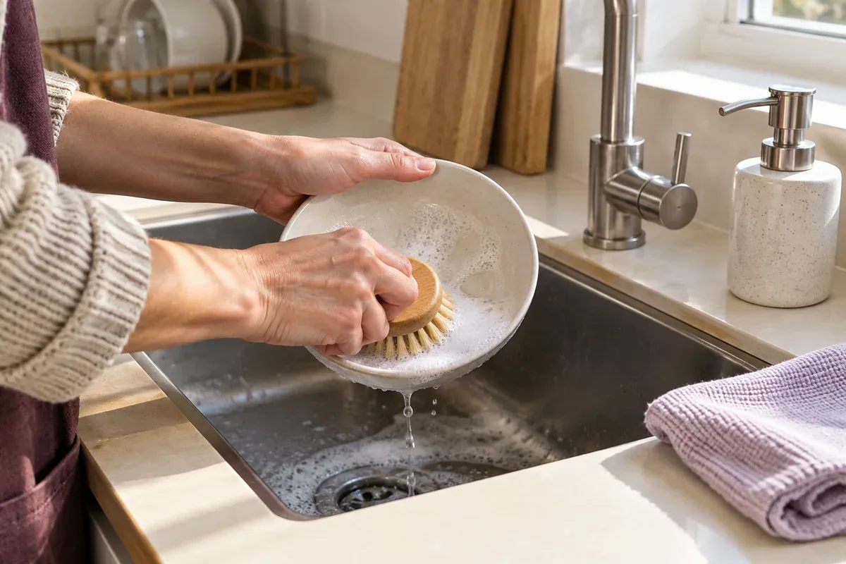 A bowl being cleaned with a wooden dish brush beside a reusable cloth.