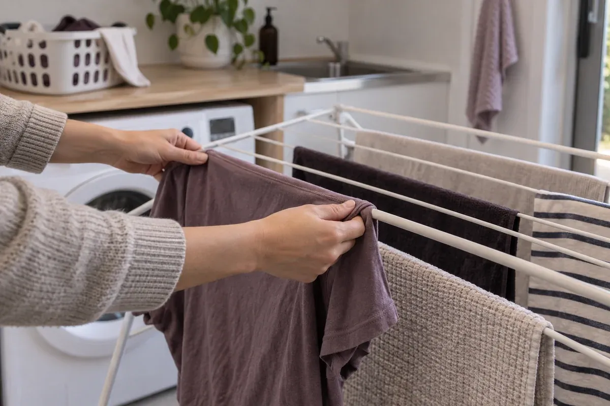 A cotton shirt spread over a drying rack.