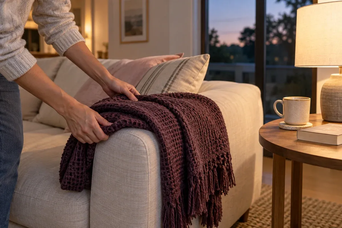 Hands folding a throw over a sofa arm during an evening tidy.