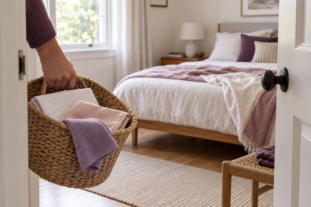 A basket of folded cloths being carried into a bedroom.