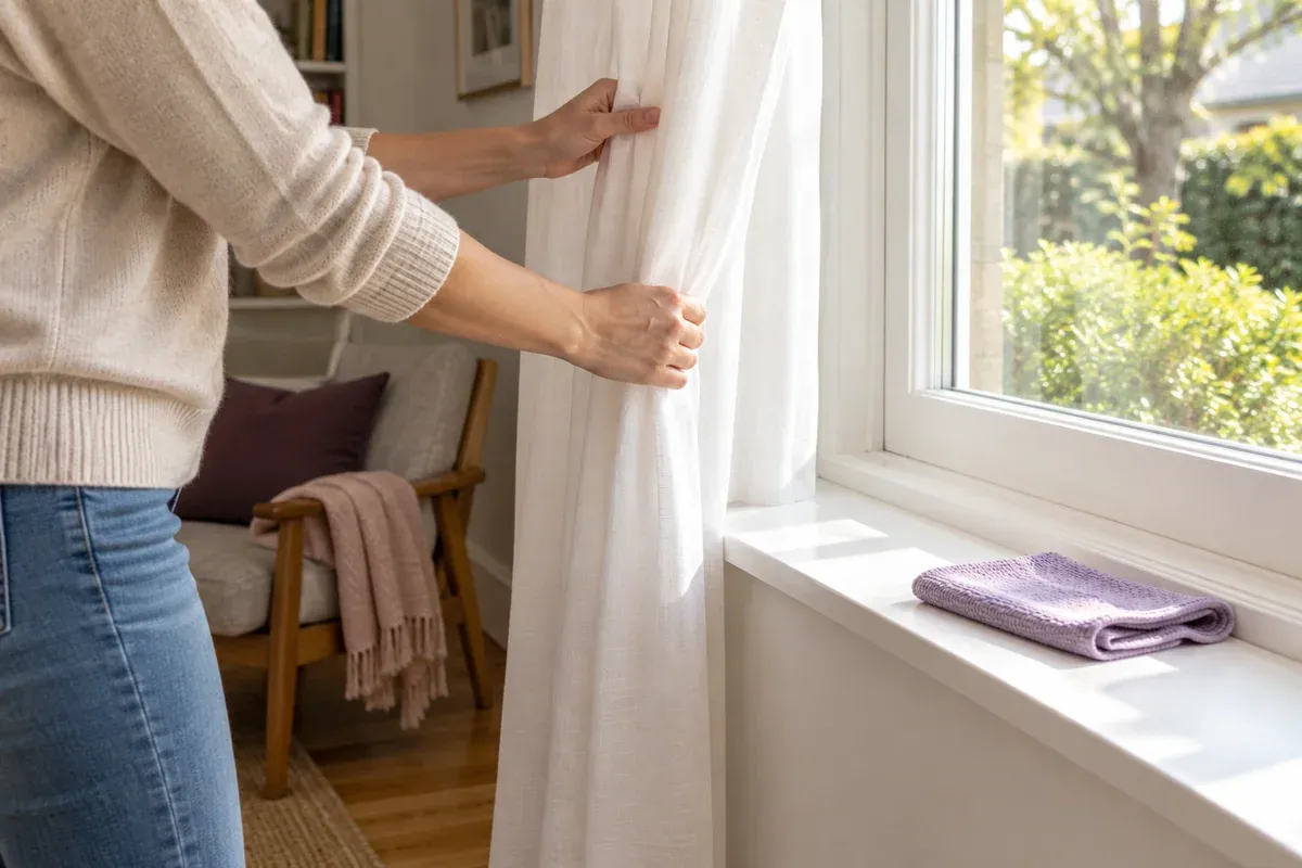 A curtain drawn aside beside a cloth on a living-room windowsill.