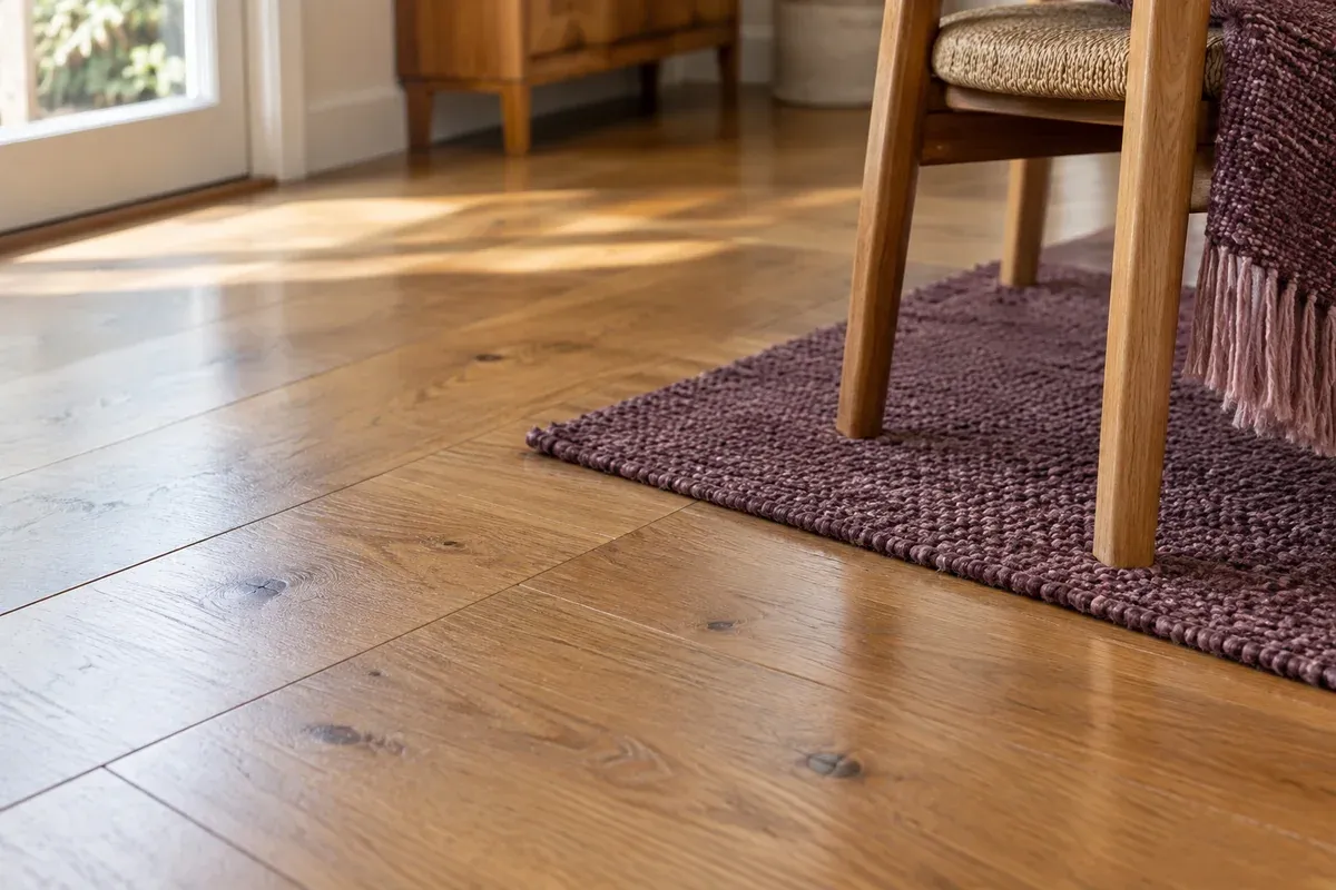 Timber floorboards with natural grain beside a woven rug.