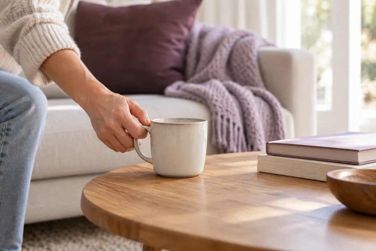 A hand picking up a mug from a lived-in coffee table.