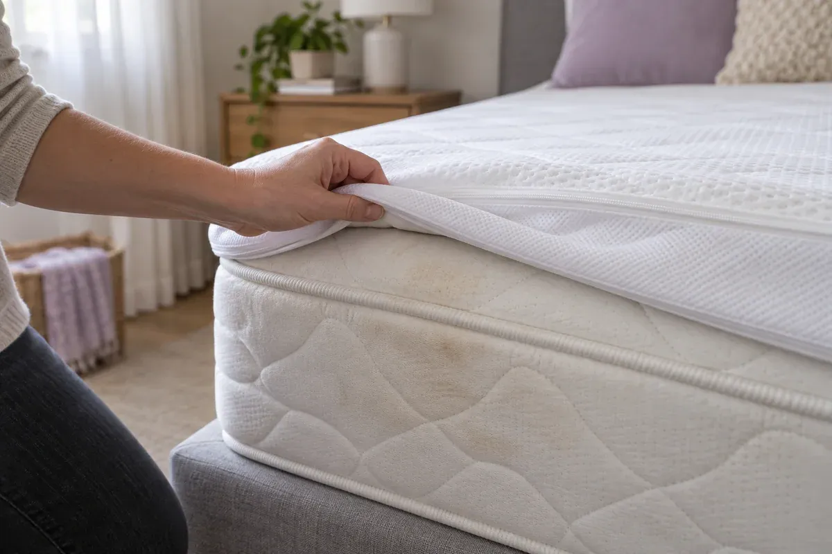 A mattress surface inspected beneath the edge of its protector.