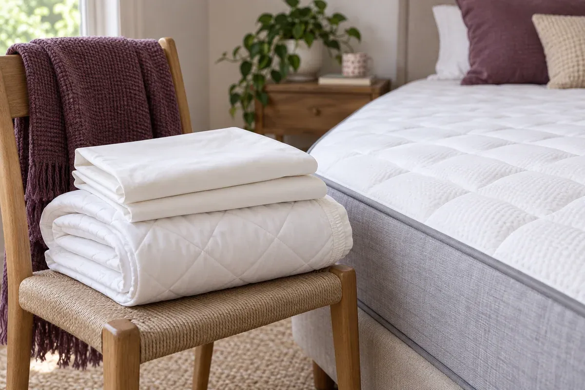 A mattress protector and pillowcases set aside during routine linen care.