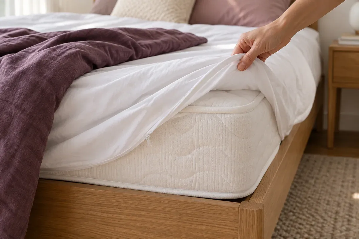 A mattress protector folded back to reveal the mattress beneath.