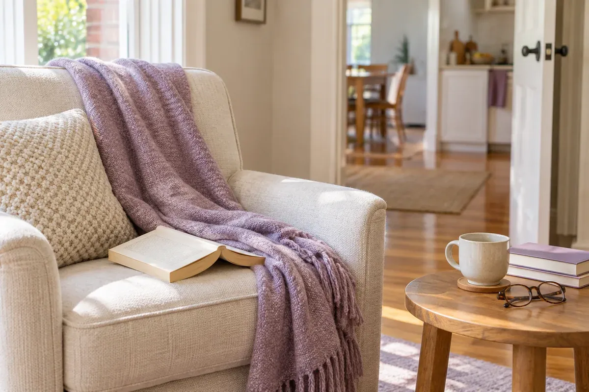 A reading chair with a book, glasses and a cup ready for a quiet break.