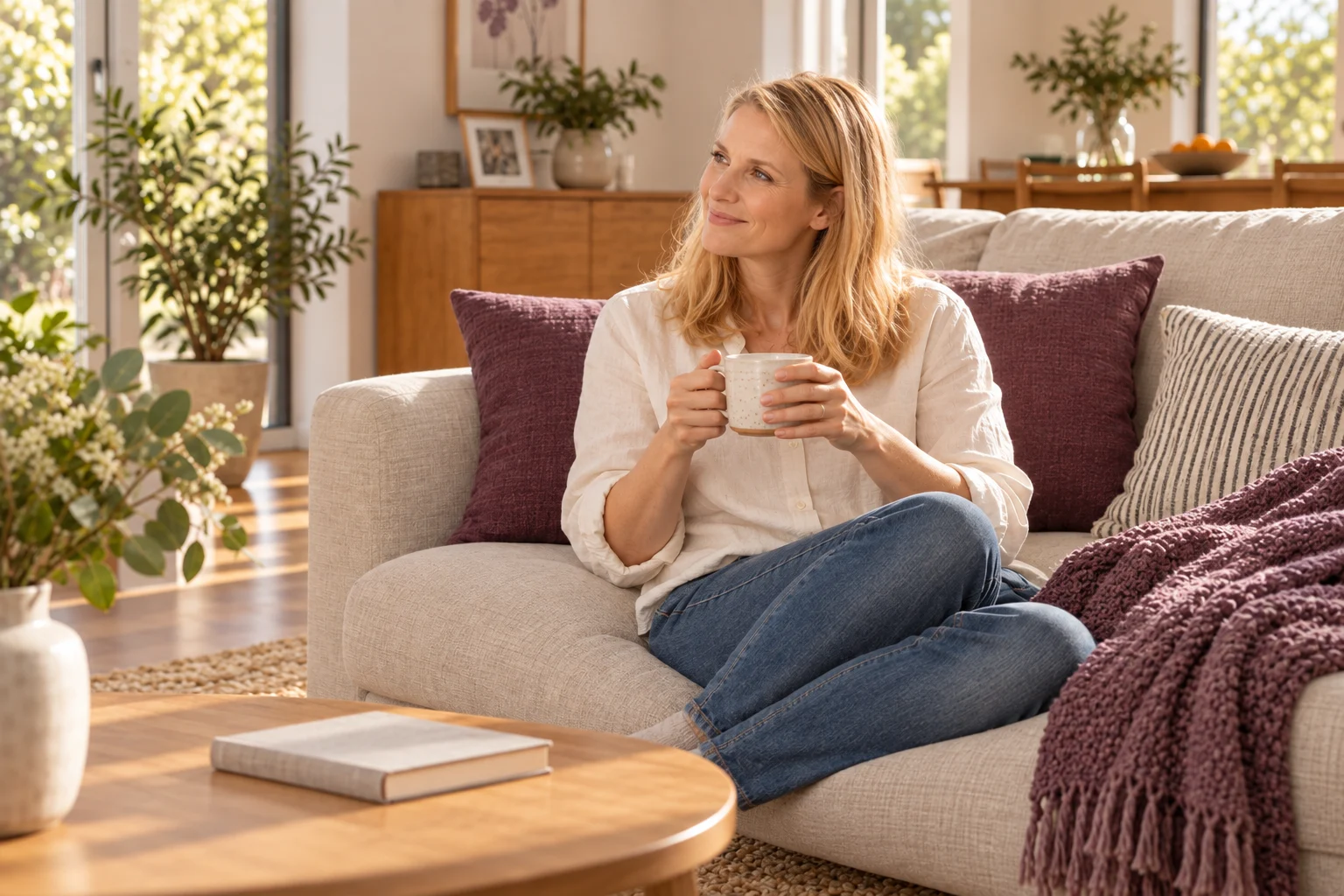 A woman taking a quiet moment with a cup of tea on her sofa